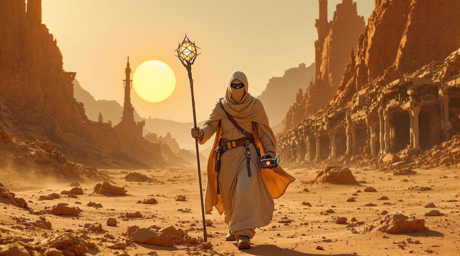 Futuristic Desert Explorer on Alien Planet