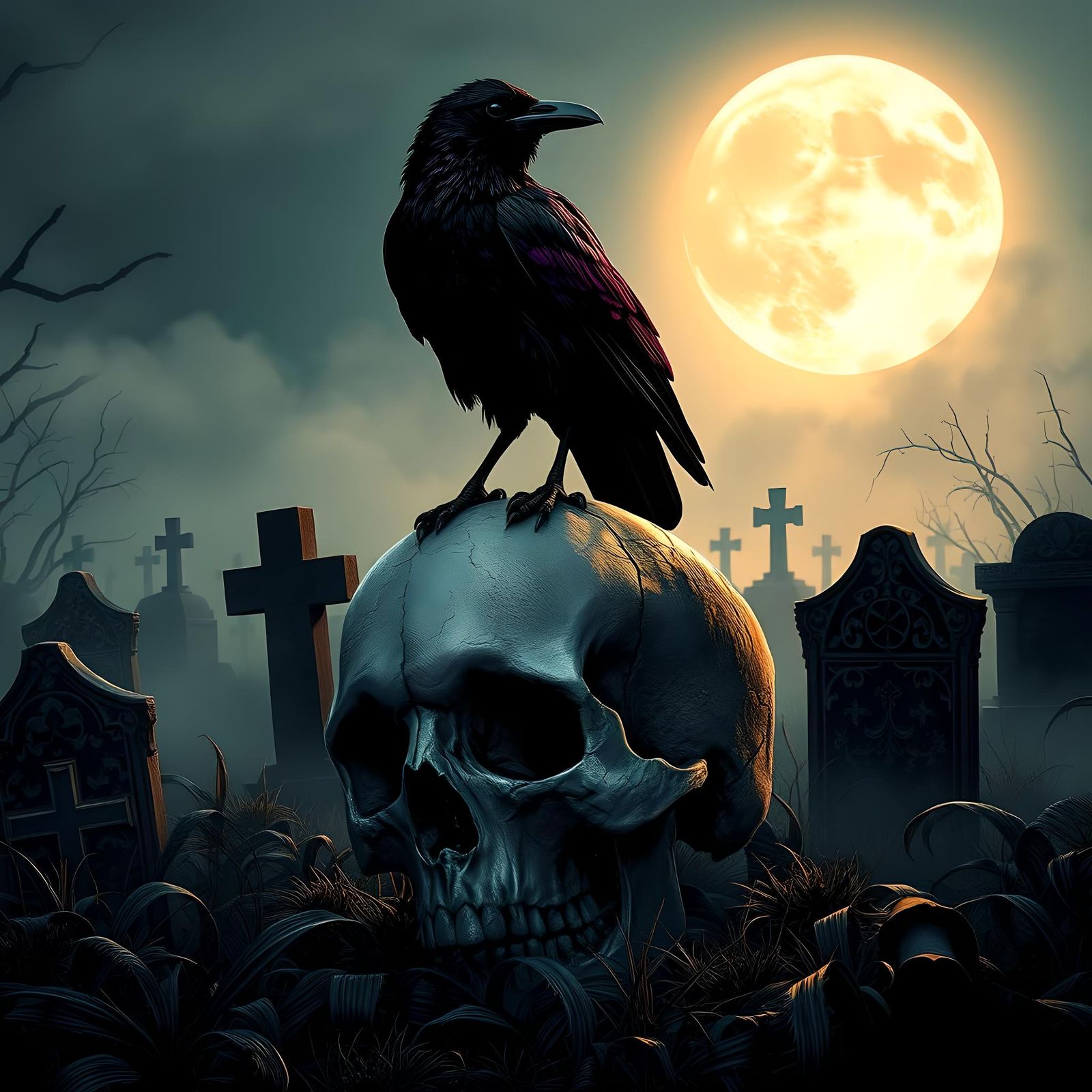 Eerie Crow on Skull in Graveyard at Night
