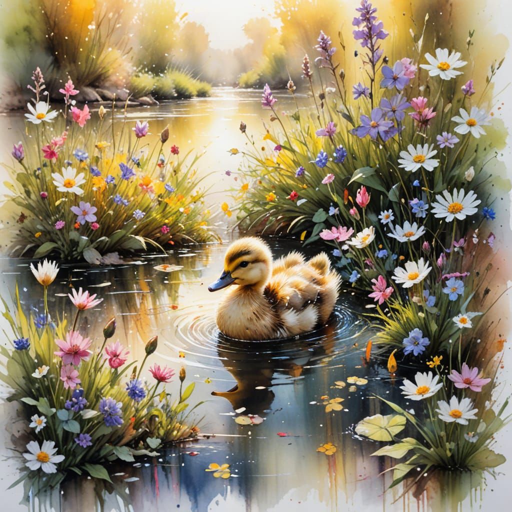 Playful Duckling in Watercolour River Garden