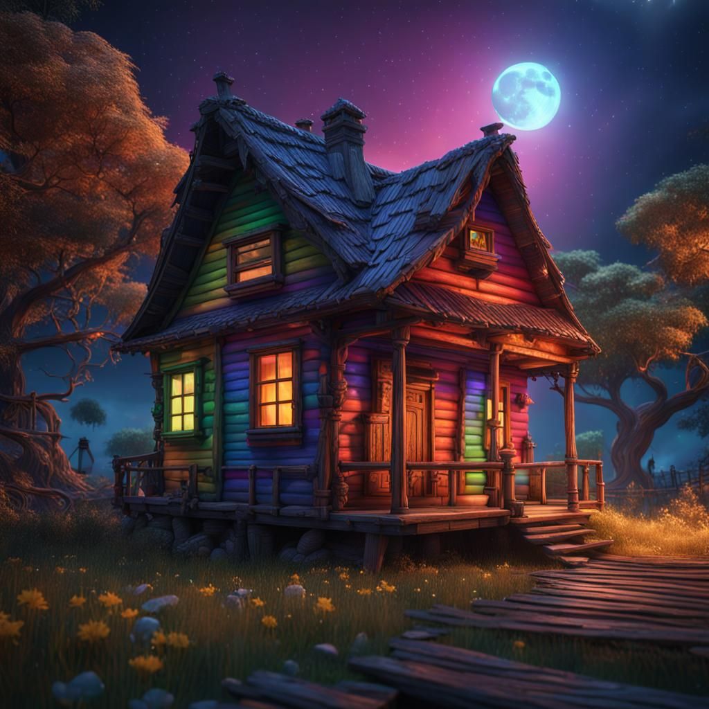 Rainbow House Under Full Moon: Fantasy Concept Art