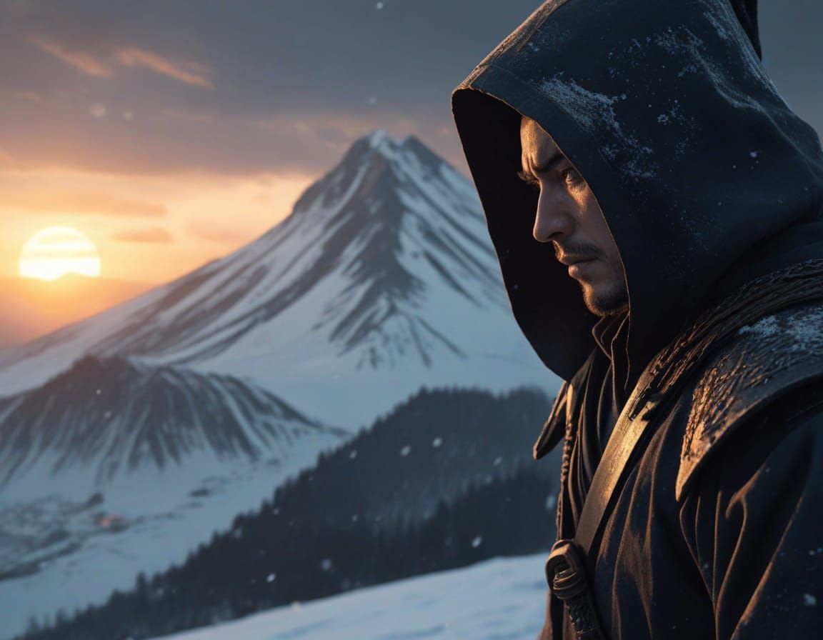 Hooded Samurai Watching Sunrise in Anime Style