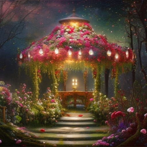 Moonlit Rose Gazebo with Fairy Lights, Photorealistic