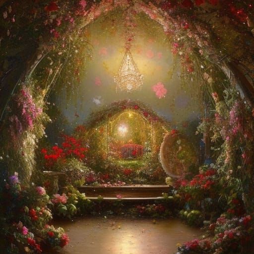 Moonlit Rose Gazebo with Fairy Lights, Photorealistic Art