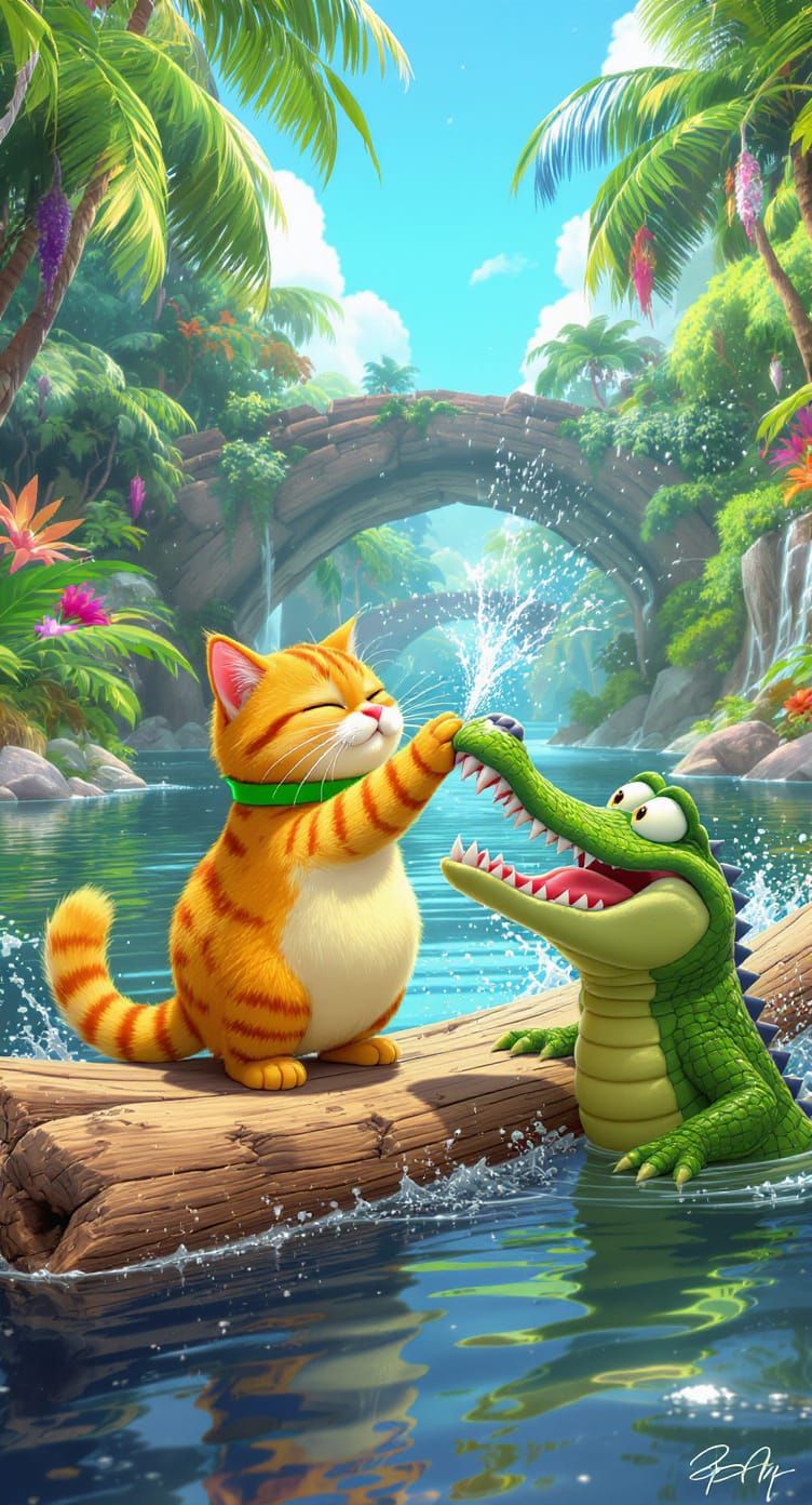 Cartoon Cat Smacks Crocodile in River, 3D Render