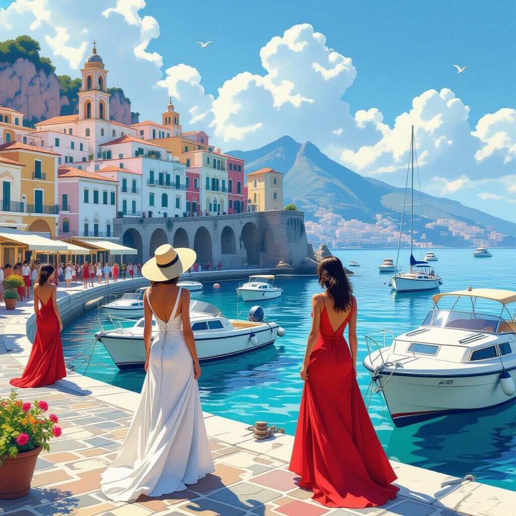 Mediterranean Coast of Naples in Realistic 3D Anime Style