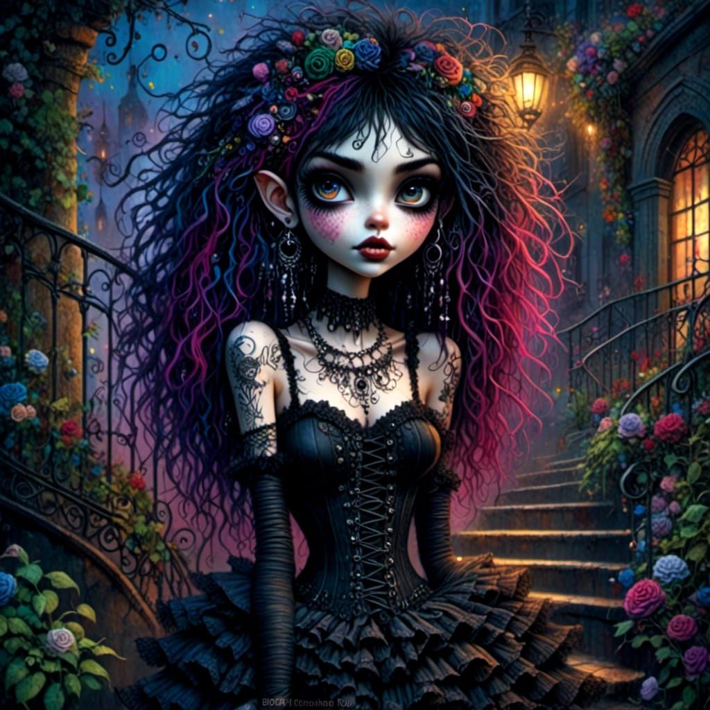 Punk Goth Woman in Oil Painting with Gothic Lora