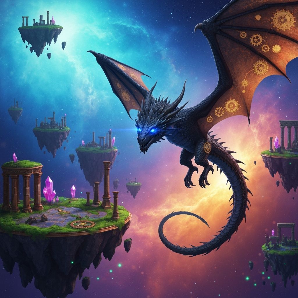 Clockwork Dragon Soaring Through Nebula, as 3D Anime Art