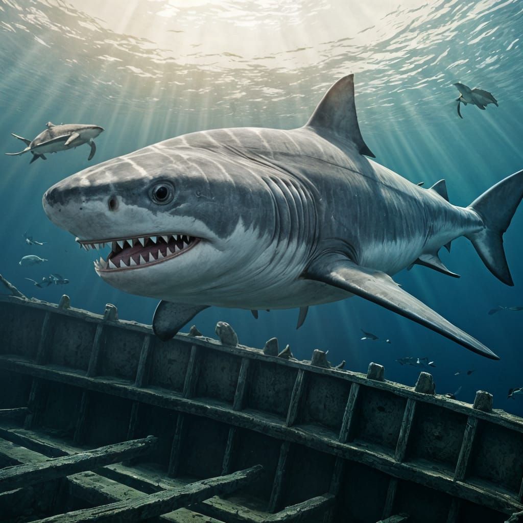 Realistic Megalodon Shark Over Shipwreck