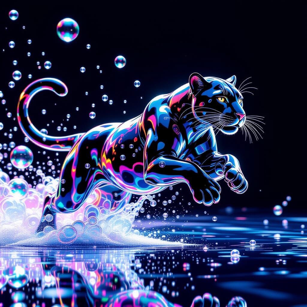 Panther Formed From Iridescent Soap Bubbles