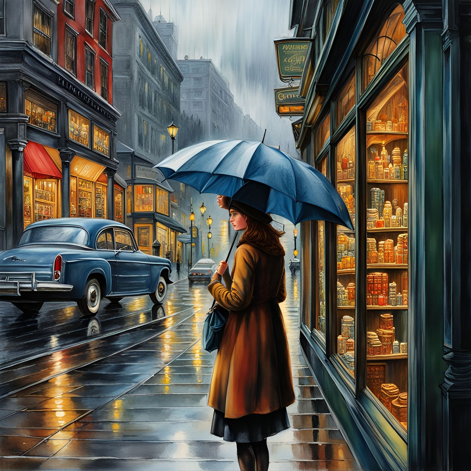 Rainy Day Girl with Umbrella: Hyperrealistic Illustration