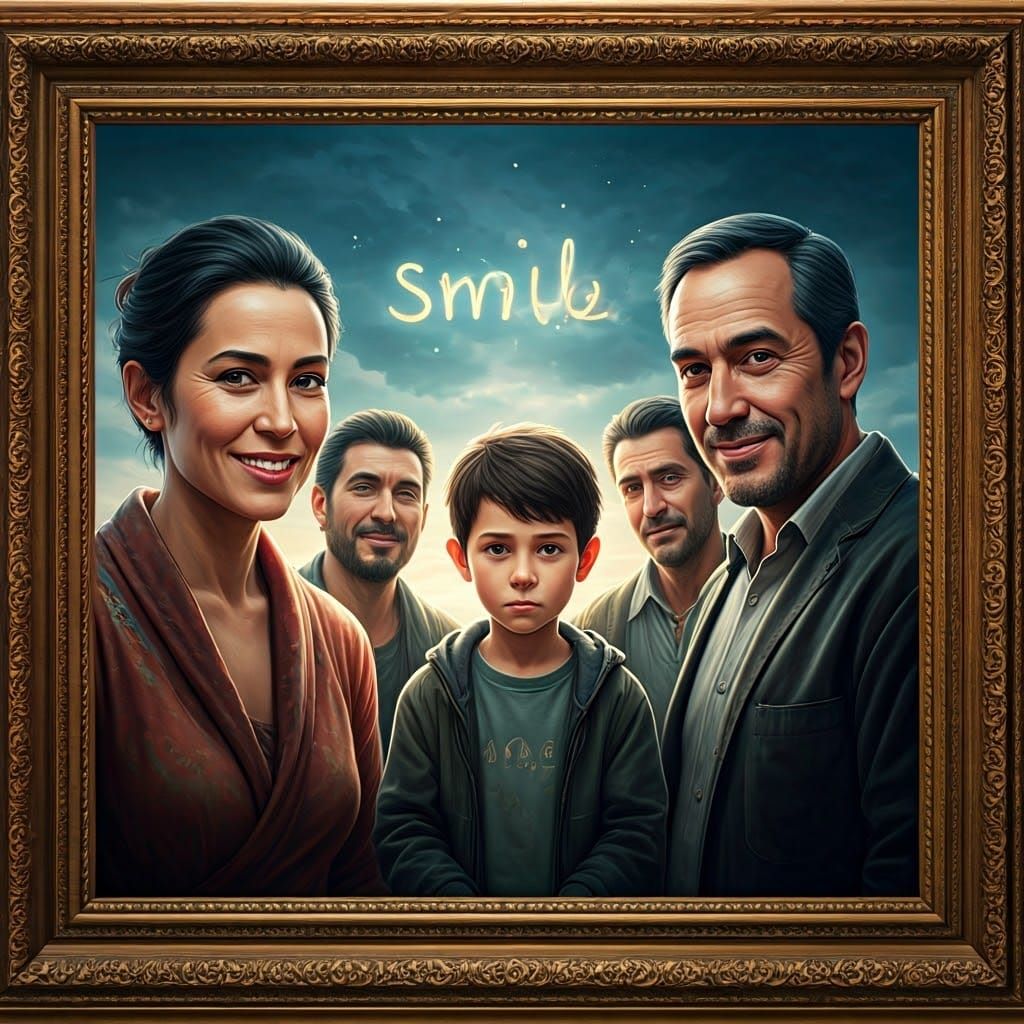 Boy Refuses to Smile, Family Portrait in Digital Art