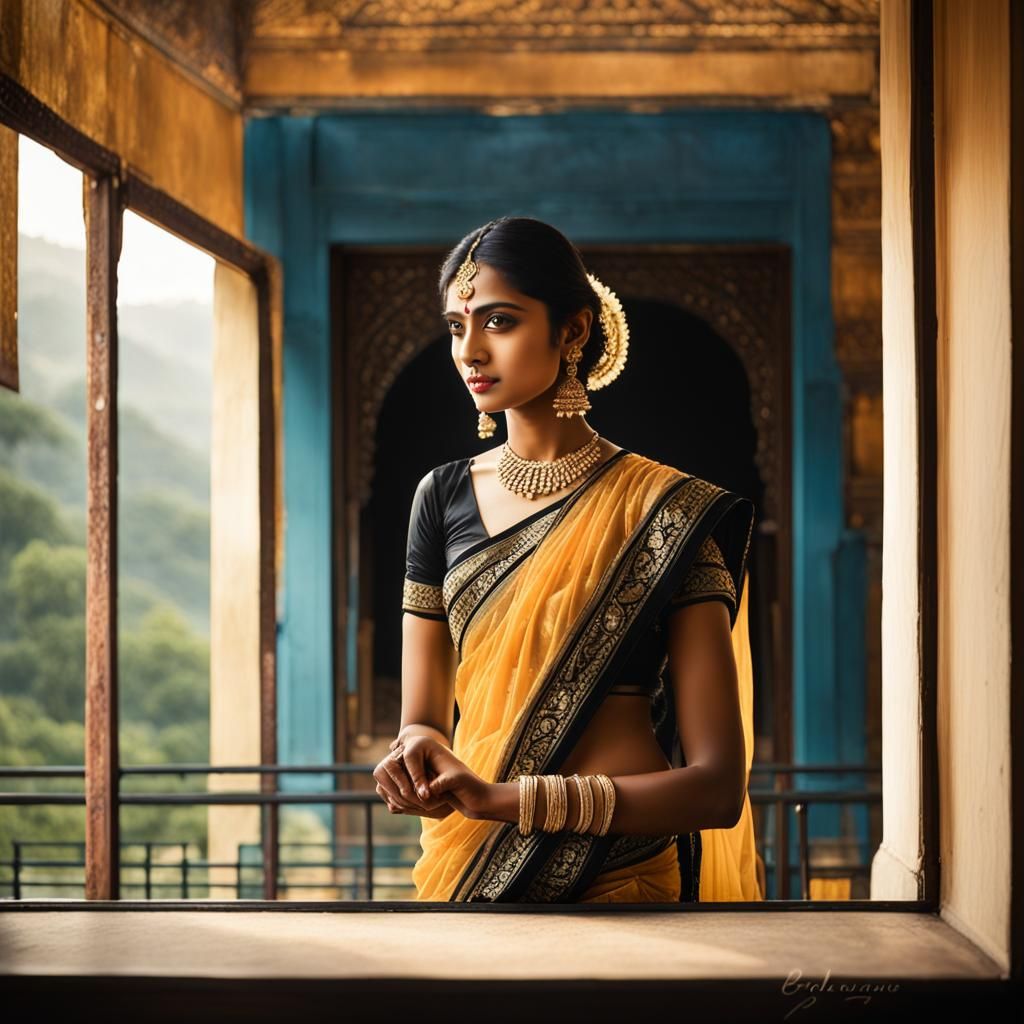 Beautiful Woman in Black Saree: Cinematic Portrait