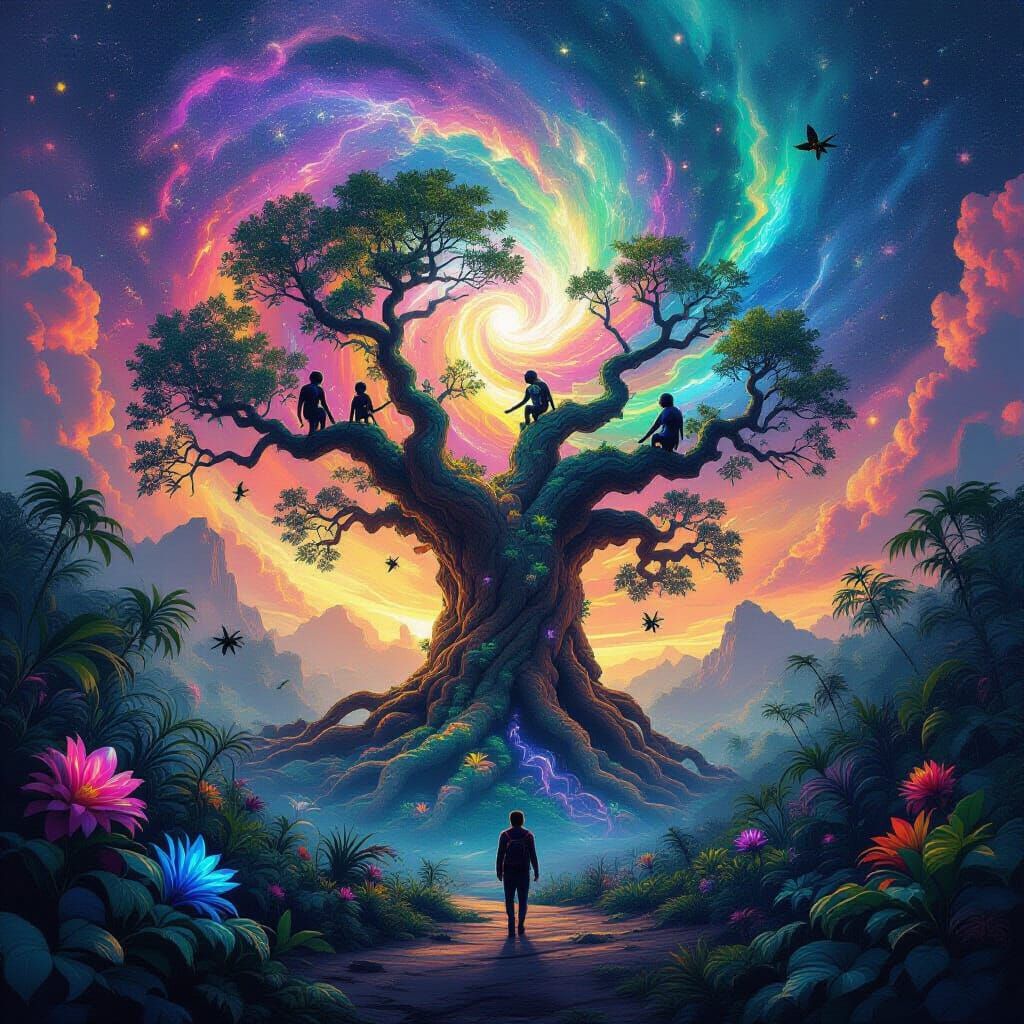 Alien Jungle Tree with Bioluminescent Wildlife in Graffiti S...