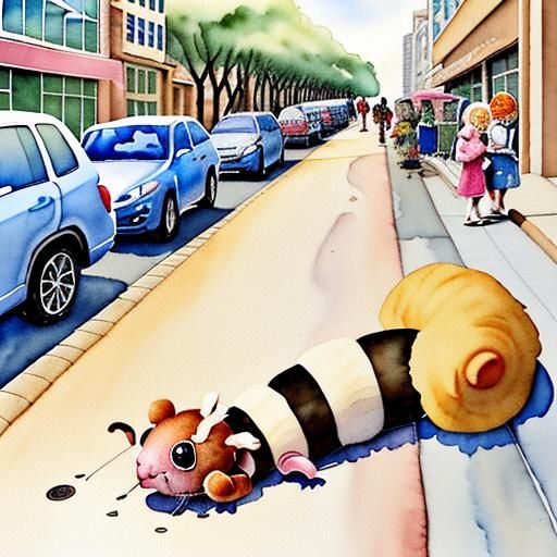 Adorable Furry Caterpillar Crawling in City: Watercolour Ill...