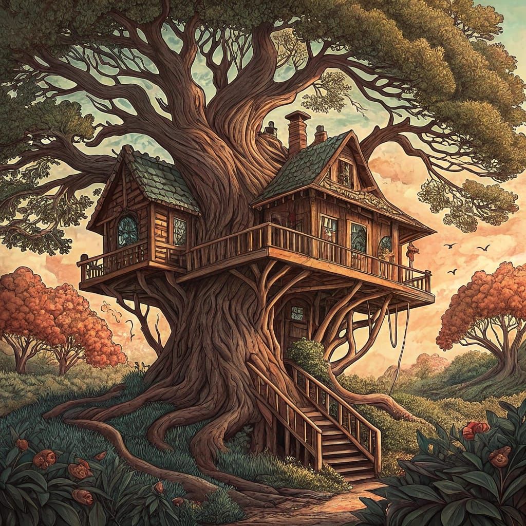 Cozy Woodland Treehouse in Earthy Woodcut Style