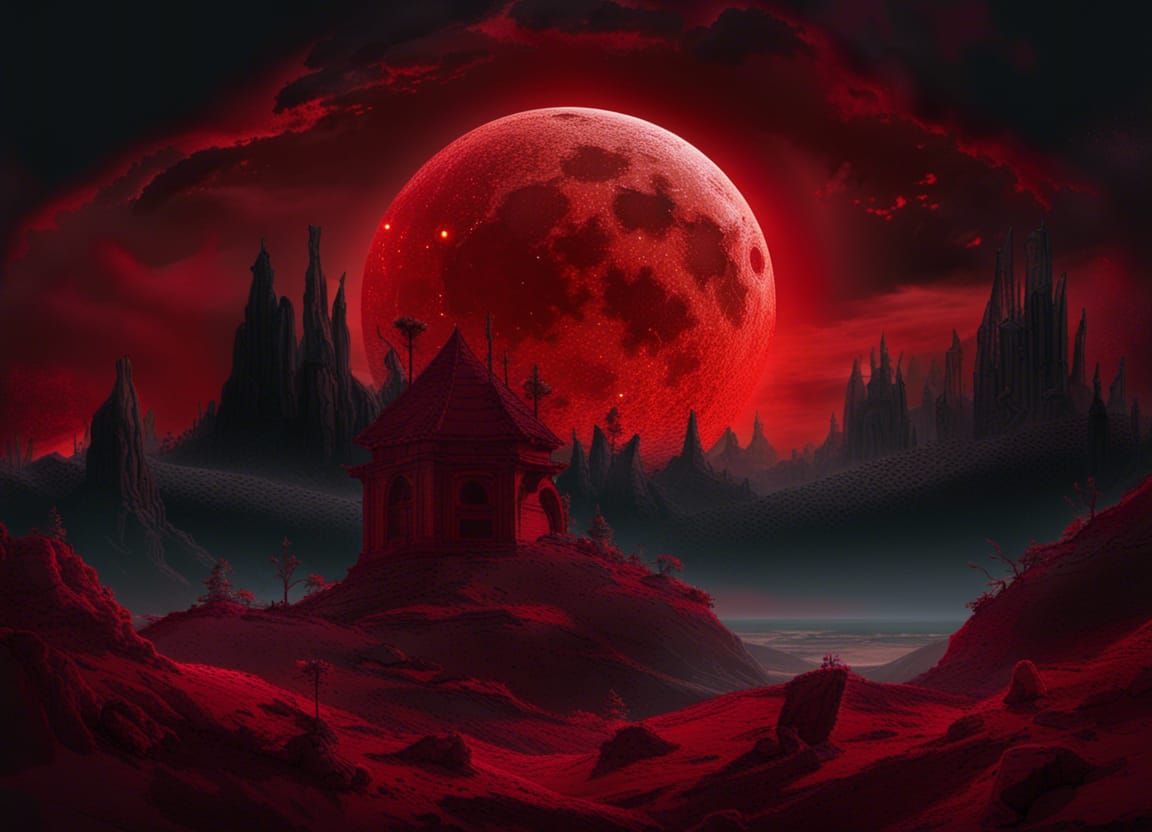 Crimson Moon Eclipse in a Fantastical World