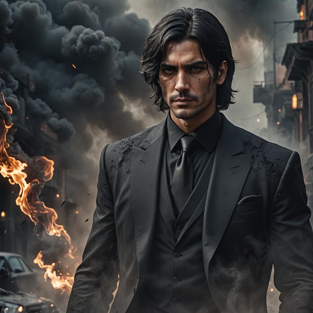 Moody Man in Black with Dark Smoke