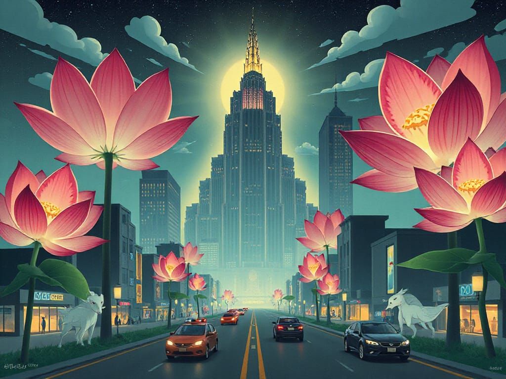 Elegant Lotus Metropolis in Art Deco Style