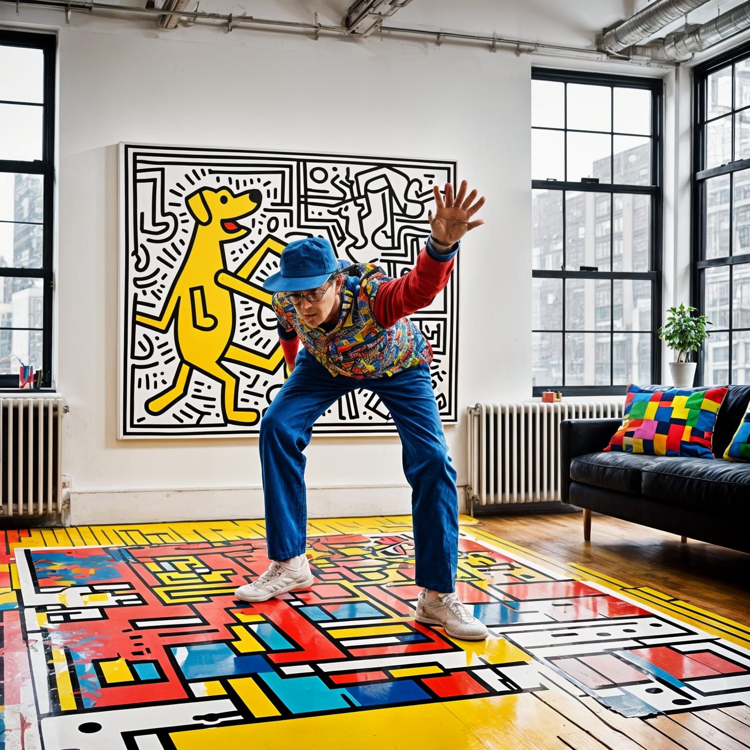 Colorful Dancing Dog Canvas in Haring-Mondrian Style