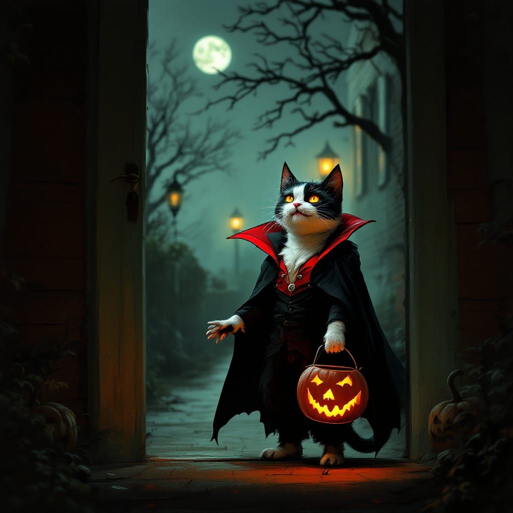 Anthropomorphic Cat in Halloween Vampire Costume