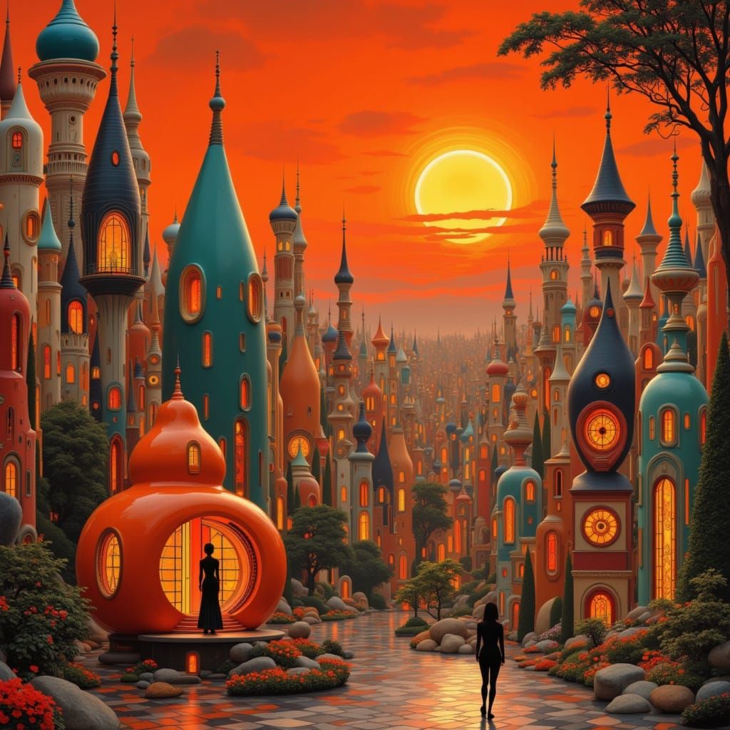 Surreal Woman in Orange Home Watches Black Rain