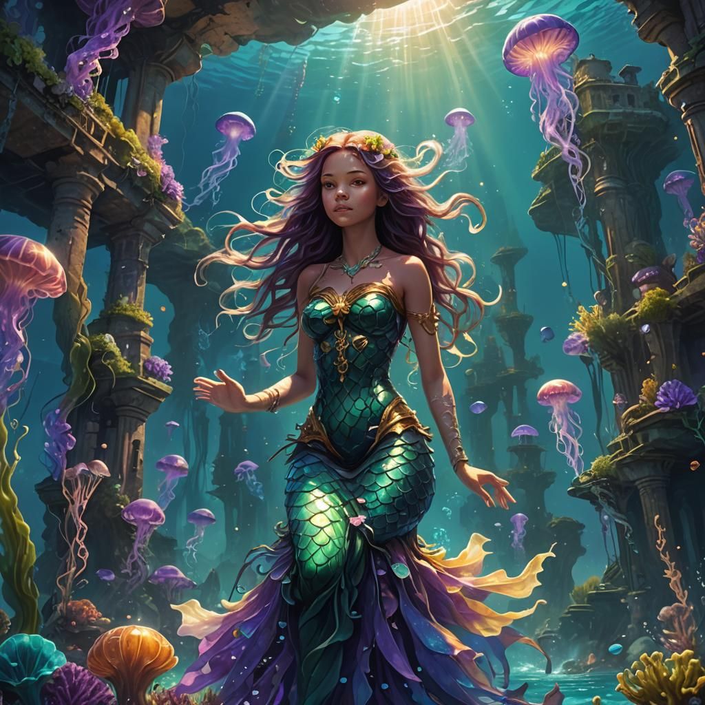 Mermaid in Sunken City: Surreal Fantasy Art