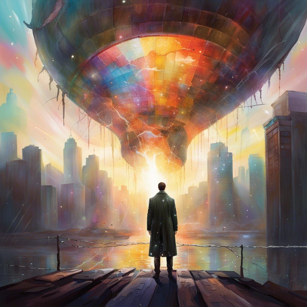 Dystopian Hero Over Cityscape in Impressionistic Style