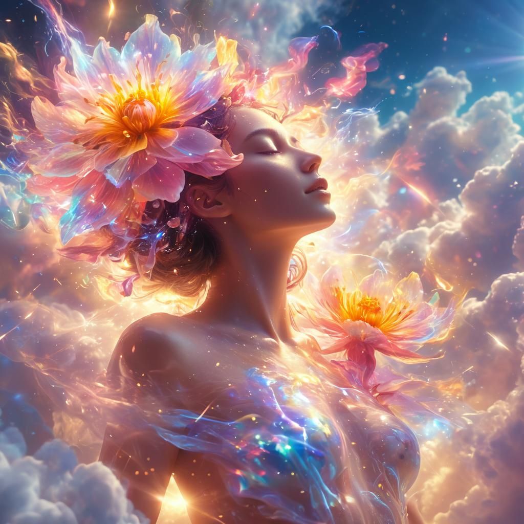 Ethereal Woman in Heavenly Clouds: Holographic Illustration