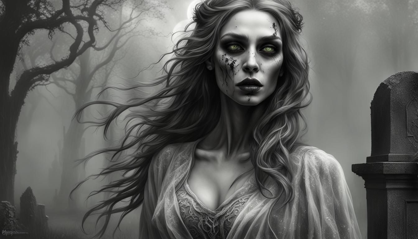 Glamorous Zombie Portrait in Graveyard Mist