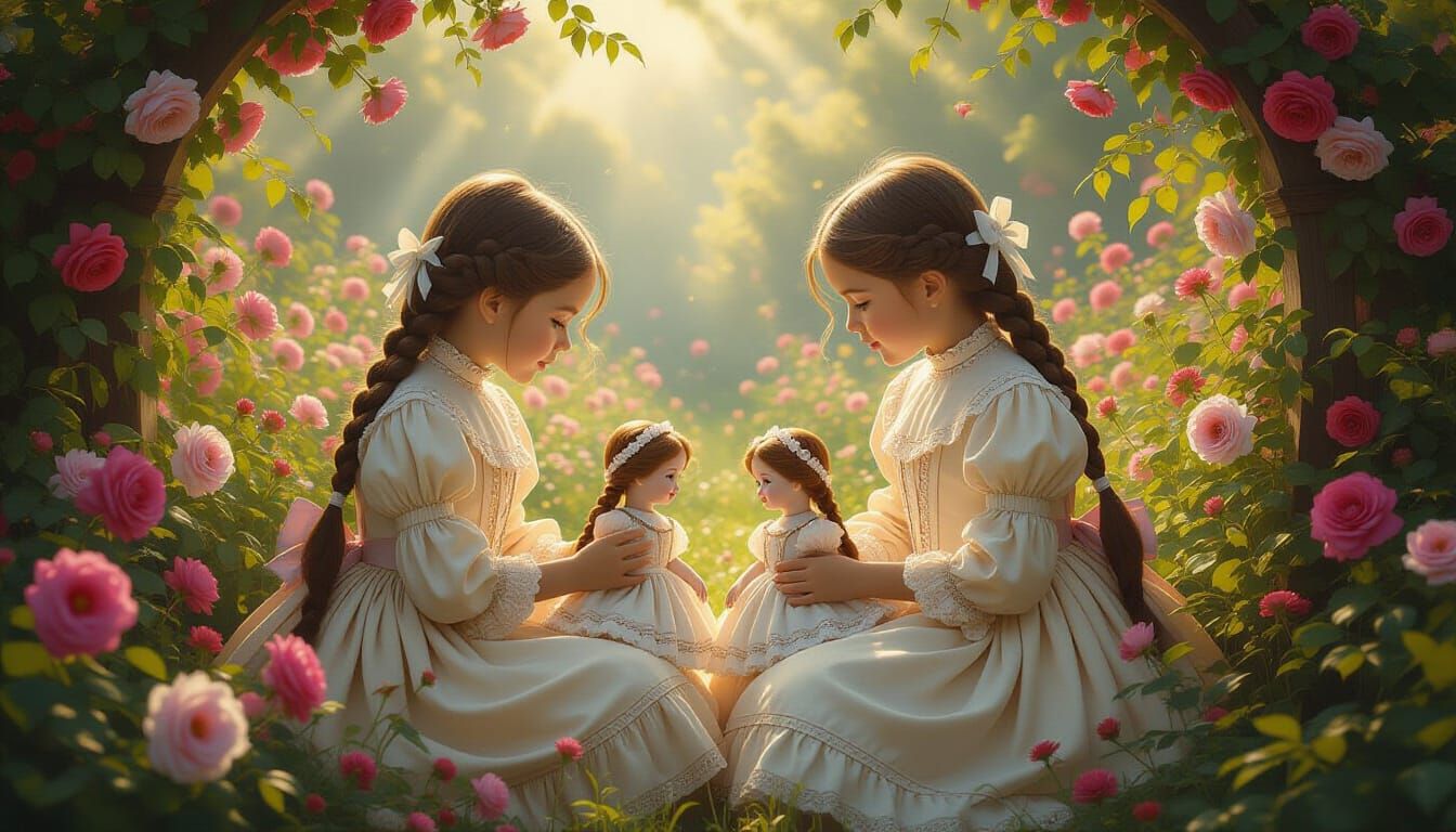 Victorian Sisters in Blooming Garden, Hyperrealistic Art