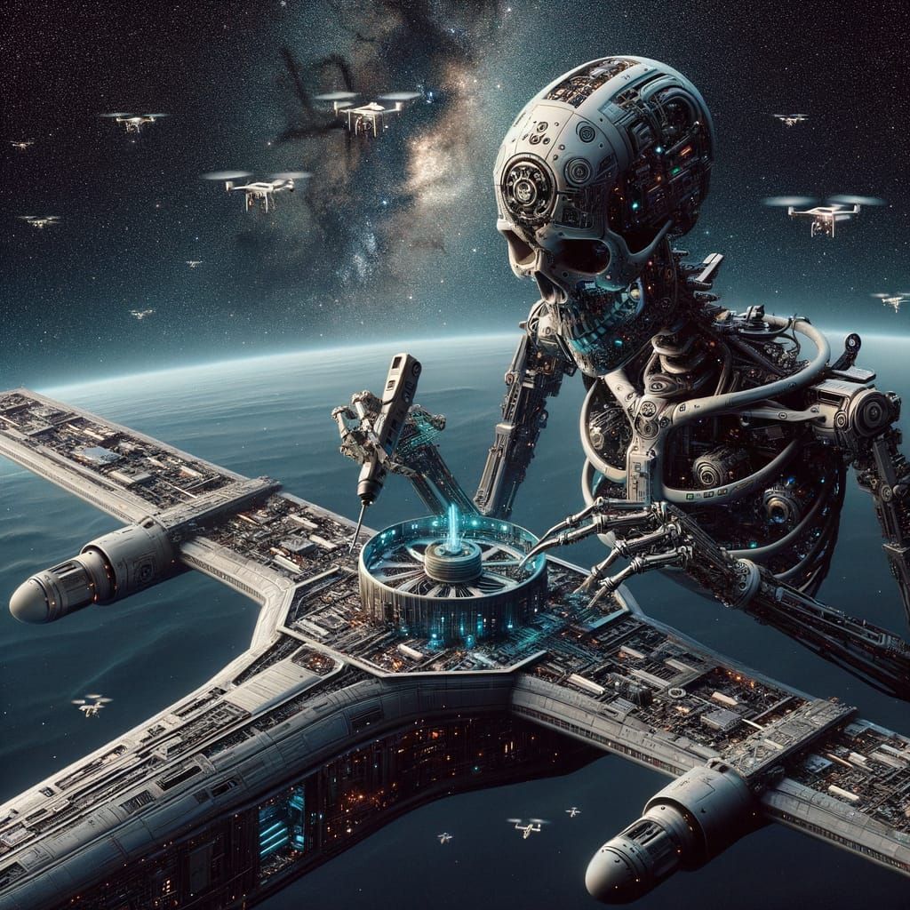 Mechanical Skull Drone Repairs Spaceship in Cosmos