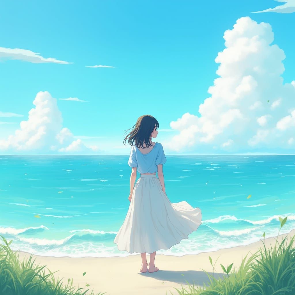 Serene Young Woman on Tranquil Coastline in 8K Anime Style