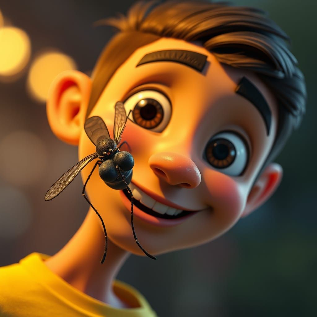 Friendly Mosquito in Pixar Style with Warm Smile