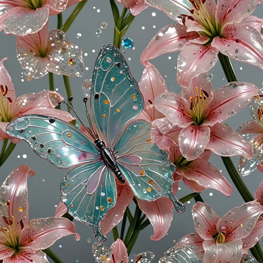 Crystal Butterfly on Glass Lily: Bioluminescent Glass Art