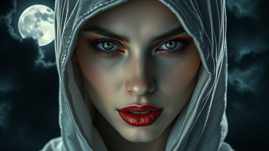 Silver-Hooded Werewolf Emerges Under Dark Gothic Moon