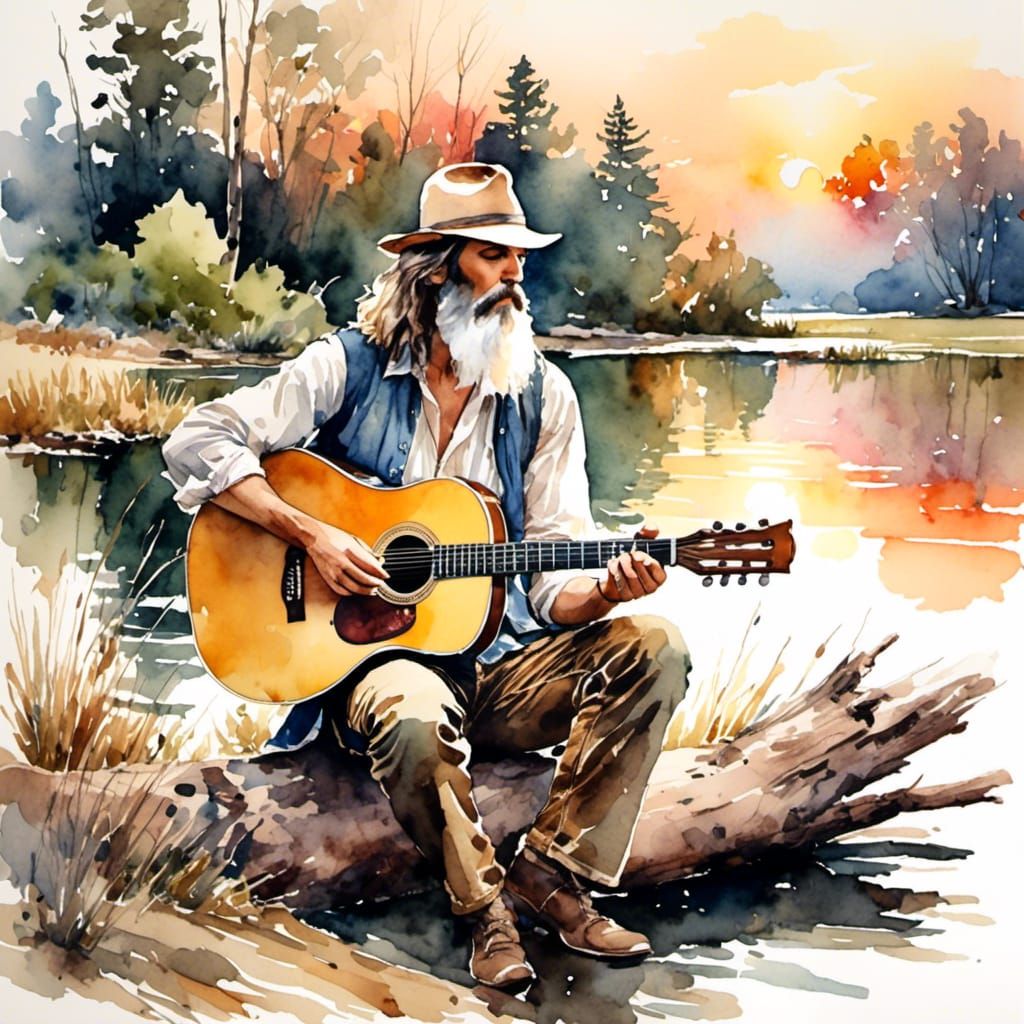 Hippie Guitarist at Sunset in Antique Watercolor Style