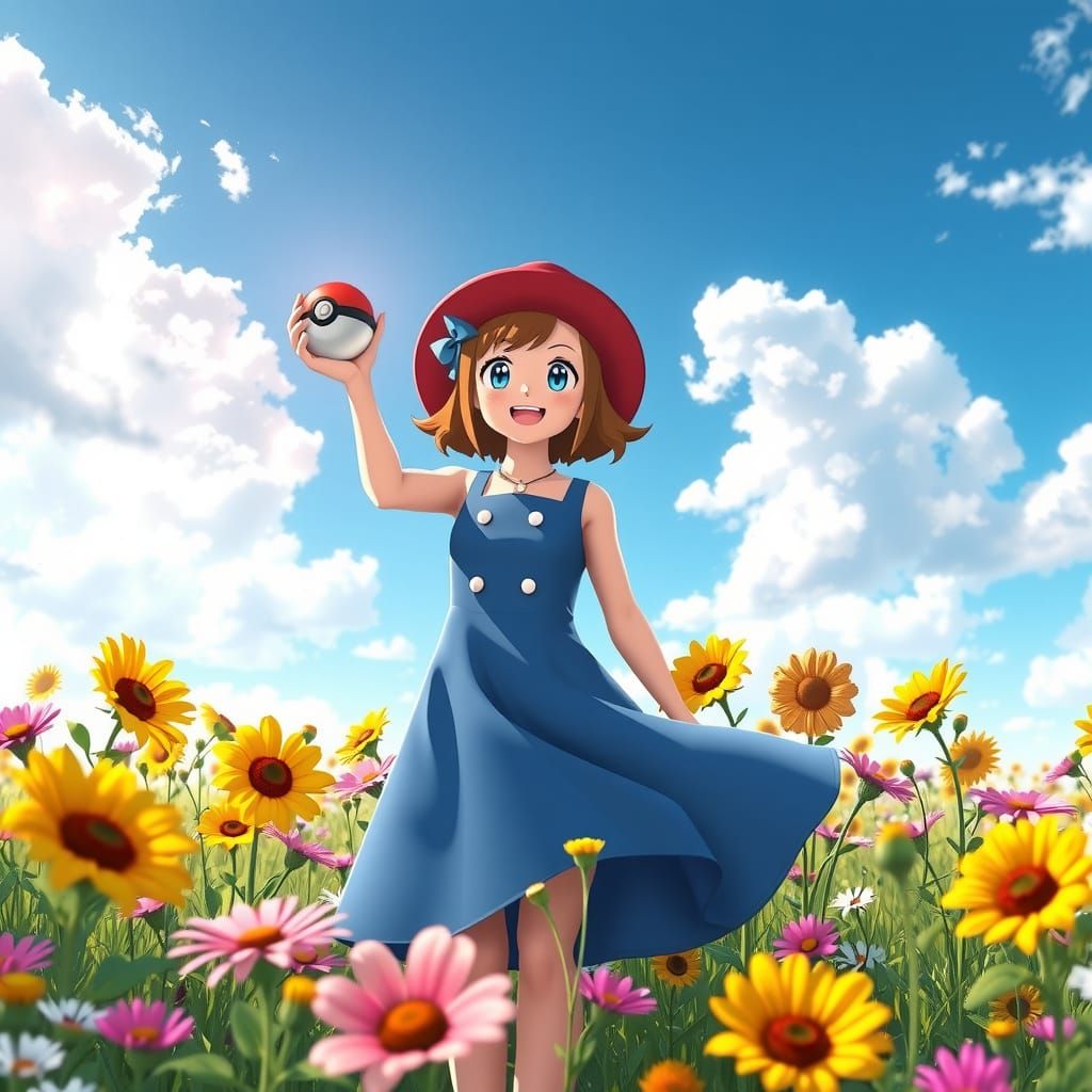 Serena in a Vibrant Floral Meadow, Inspired by Hyper-Realist...
