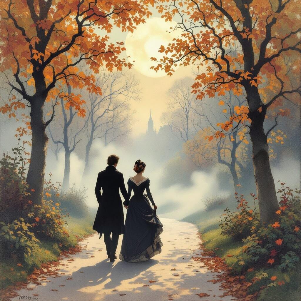 Romantic Autumn Walk in Ethereal Art Nouveau Style