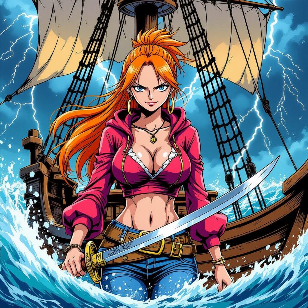 Anime Pirate Captain on Stormy Seas