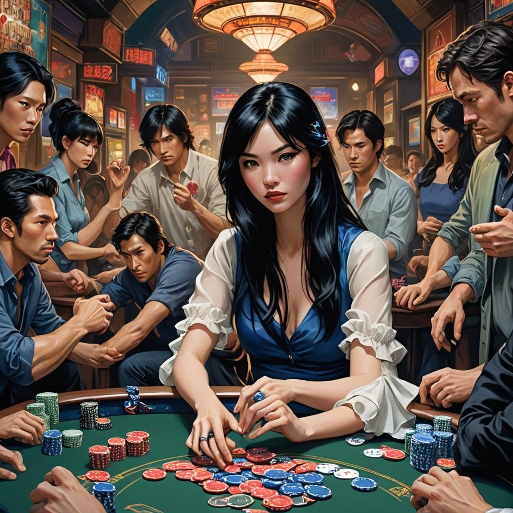 Intense Poker Showdown in Jewel-Toned Casino