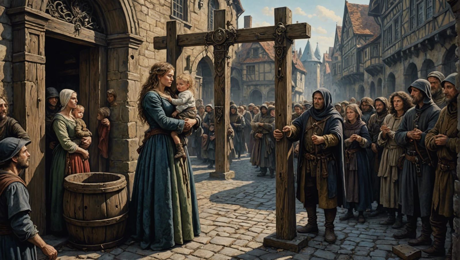 Medieval Humiliation Scene in Dark Art Deco Style