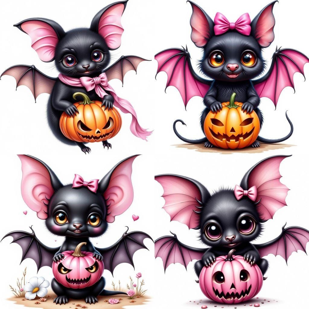 Cute Bat with Pumpkin in Watercolor Style