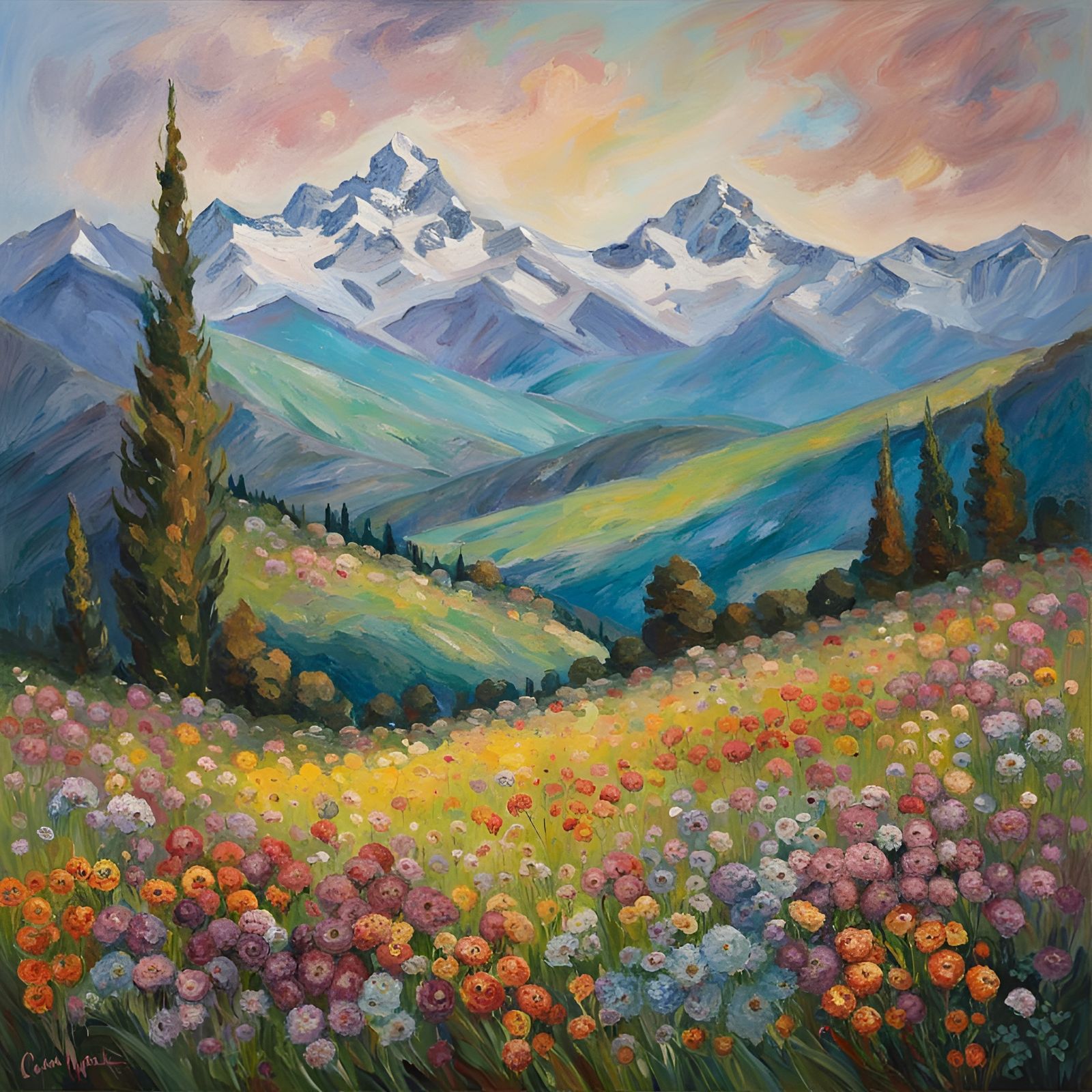 Impressionist Painting of the Swiss Alps and its Meadows of Alpine Flowers
