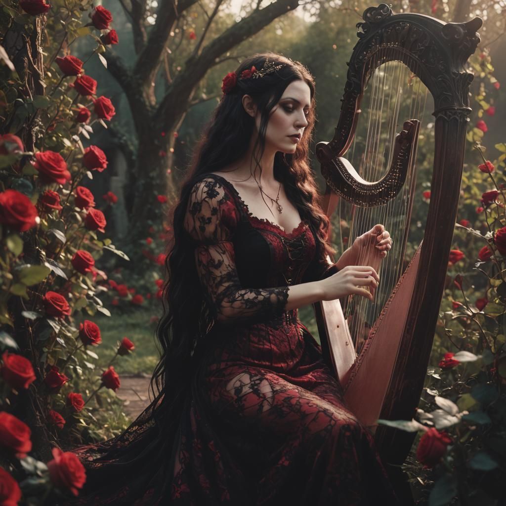 Gothic Faerie Woman Plays Harp in Rose Garden