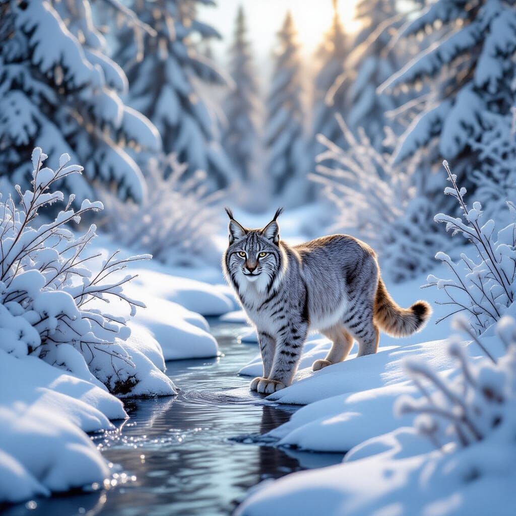 Hyperrealistic Lynx by Frozen Stream in Snowy Winter