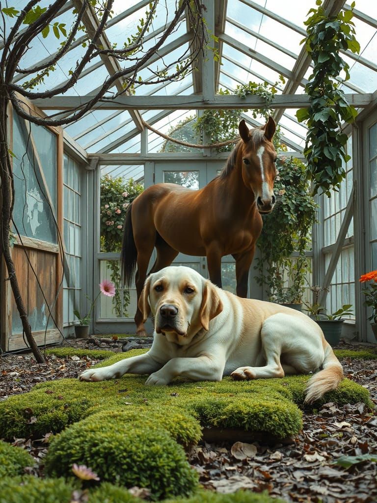 Dog Resting in Overgrown Greenhouse: Painterly Realism