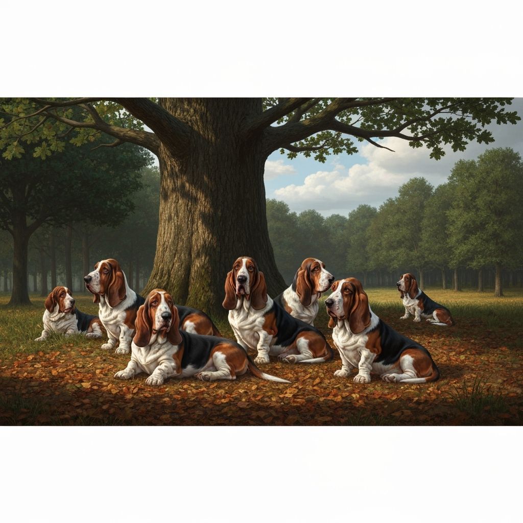 Basset Hounds Resting Under Oak Tree in Autumn