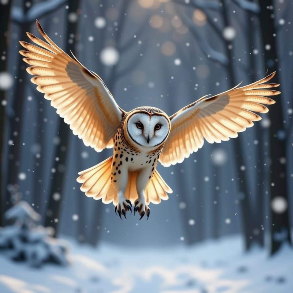 Photorealistic Barn Owl in Snowy Forest at Golden Hour