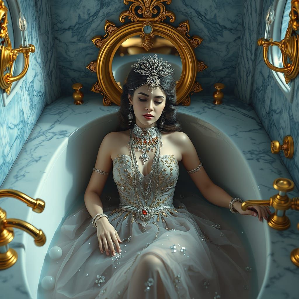 Regal Woman's Lavish Bath in 3D with Gold Accents