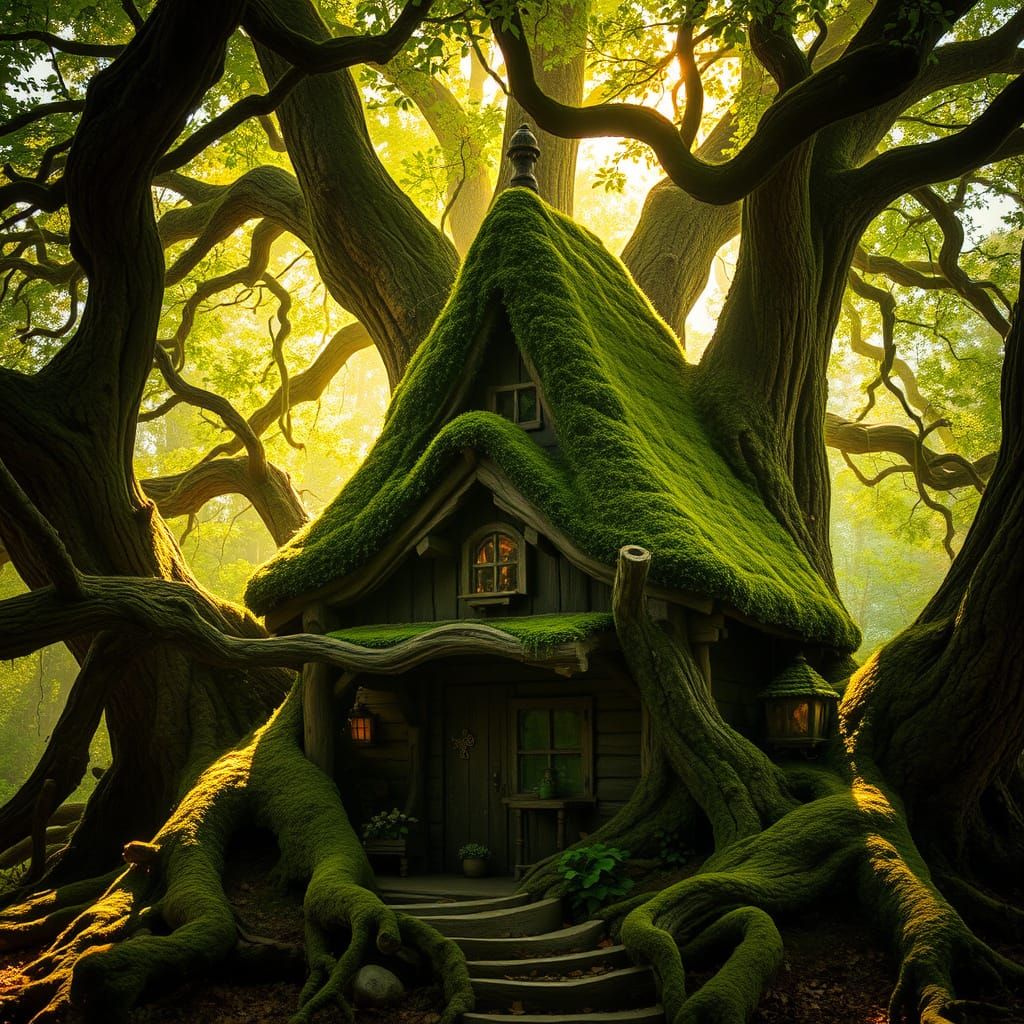 Whimsical Witch's Cottage Amidst Ancient Tree Roots
